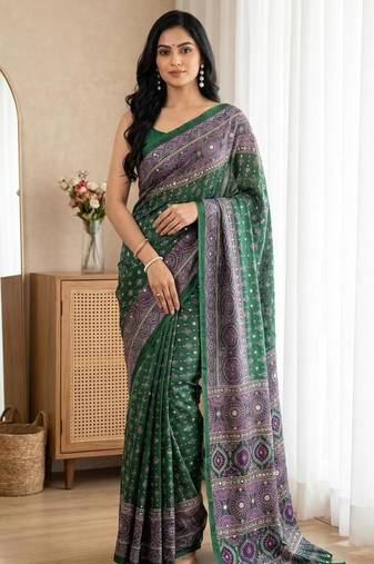 New Designer Semi Model Silk Blend Ultra Soft With ajarakh Print And Real Mirror Saree With Blouse Set