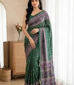New Designer Semi Model Silk Blend Ultra Soft With ajarakh Print And Real Mirror Saree With Blouse Set