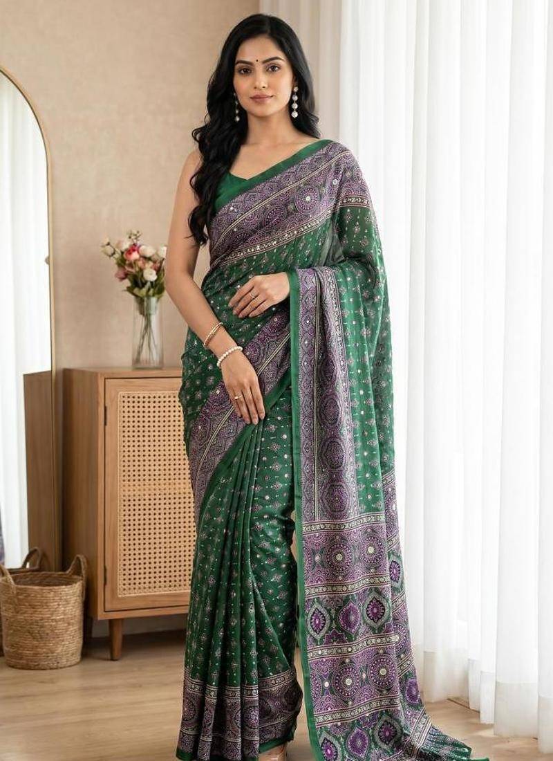 New Designer Semi Model Silk Blend Ultra Soft With ajarakh Print And Real Mirror Saree With Blouse Set