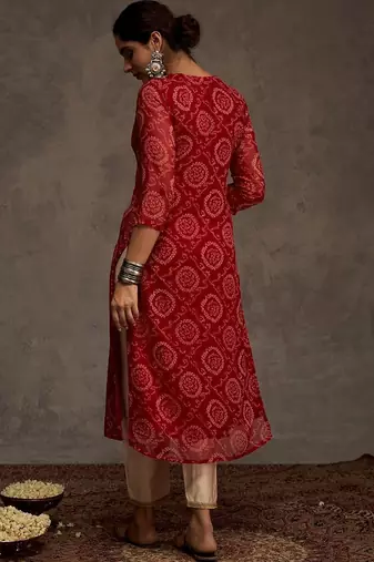 Red women bandhani printed mirror work georgette kurta
