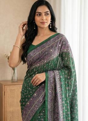 New Designer Semi Model Silk Blend Ultra Soft With ajarakh Print And Real Mirror Saree With Blouse Set 2