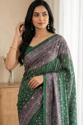New Designer Semi Model Silk Blend Ultra Soft With ajarakh Print And Real Mirror Saree With Blouse Set
