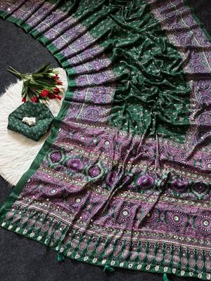 New Designer Semi Model Silk Blend Ultra Soft With ajarakh Print And Real Mirror Saree With Blouse Set 3