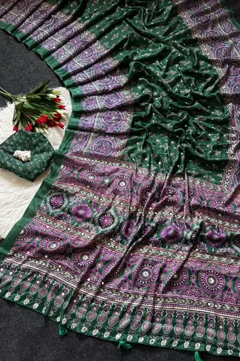 New Designer Semi Model Silk Blend Ultra Soft With ajarakh Print And Real Mirror Saree With Blouse Set