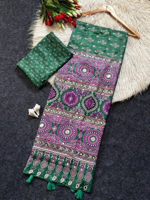 New Designer Semi Model Silk Blend Ultra Soft With ajarakh Print And Real Mirror Saree With Blouse Set 4