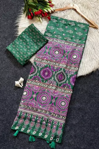 New Designer Semi Model Silk Blend Ultra Soft With ajarakh Print And Real Mirror Saree With Blouse Set