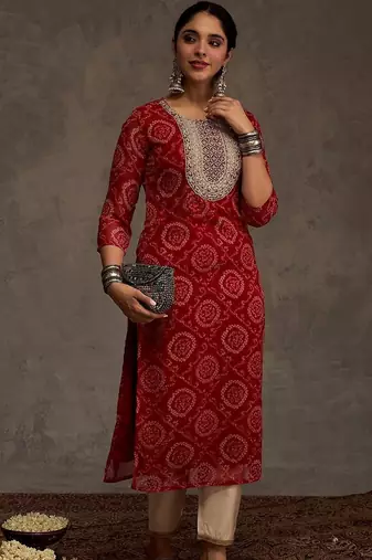 Red women bandhani printed mirror work georgette kurta