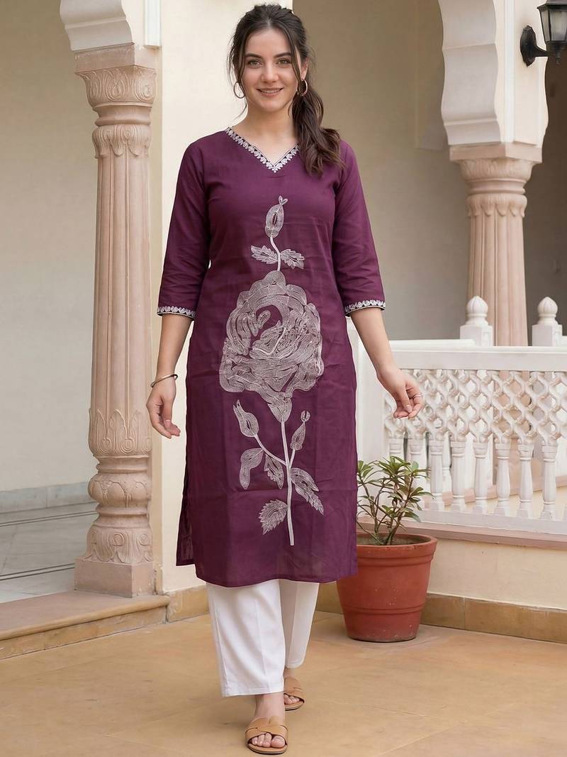 Burgundy floral embroidered thread work kurta