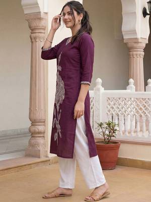 Burgundy floral embroidered thread work kurta 3