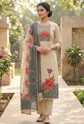 Beige color banarasi cotton fabric ethnic partywear salwar kameez 1