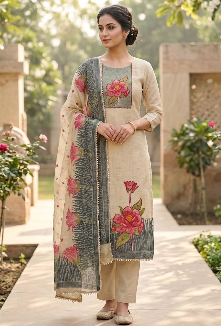 Beige color banarasi cotton fabric ethnic partywear salwar kameez