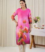 Pink women floral printed round neck straight kurta