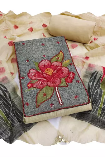 Beige color banarasi cotton fabric ethnic partywear salwar kameez