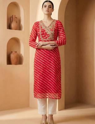 Pink women leheriya printed georgette kurta 1