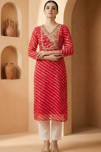 Pink women leheriya printed georgette kurta