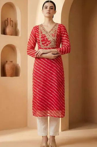 Pink women leheriya printed georgette kurta