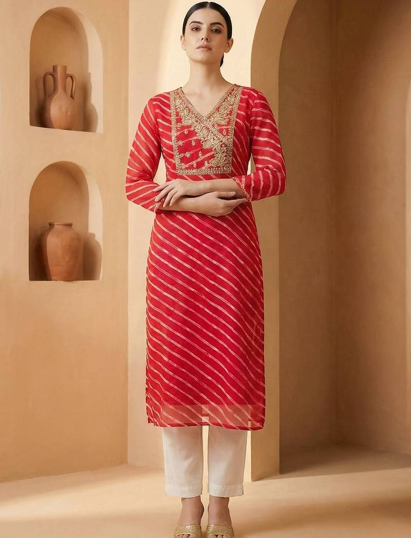 Pink women leheriya printed georgette kurta