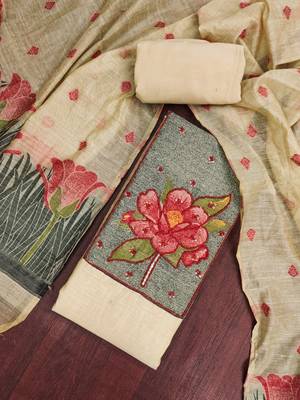 Beige color banarasi cotton fabric ethnic partywear salwar kameez 4