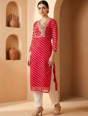 Pink women leheriya printed georgette kurta 2