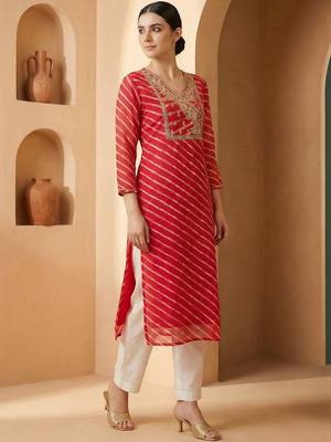 Pink women leheriya printed georgette kurta 3