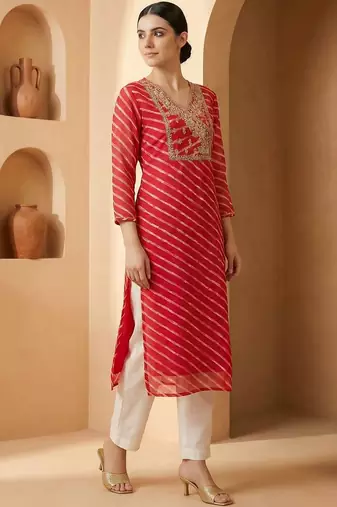 Pink women leheriya printed georgette kurta