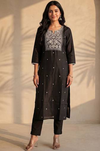 Black women ethnic motifs embroidered thread work kurta