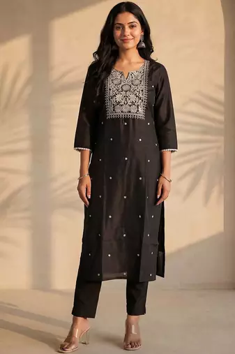 Black women ethnic motifs embroidered thread work kurta