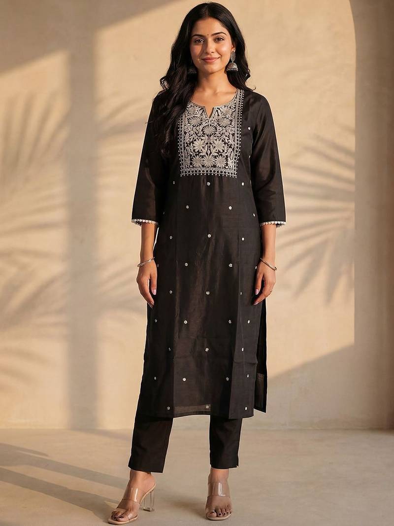 Black women ethnic motifs embroidered thread work kurta