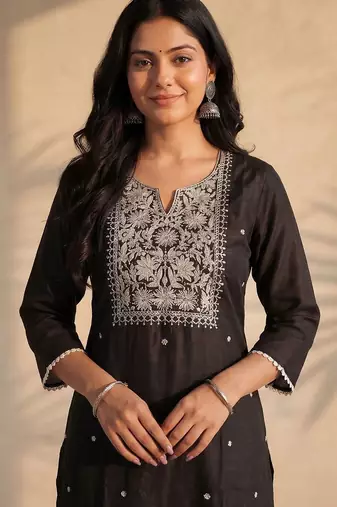 Black women ethnic motifs embroidered thread work kurta