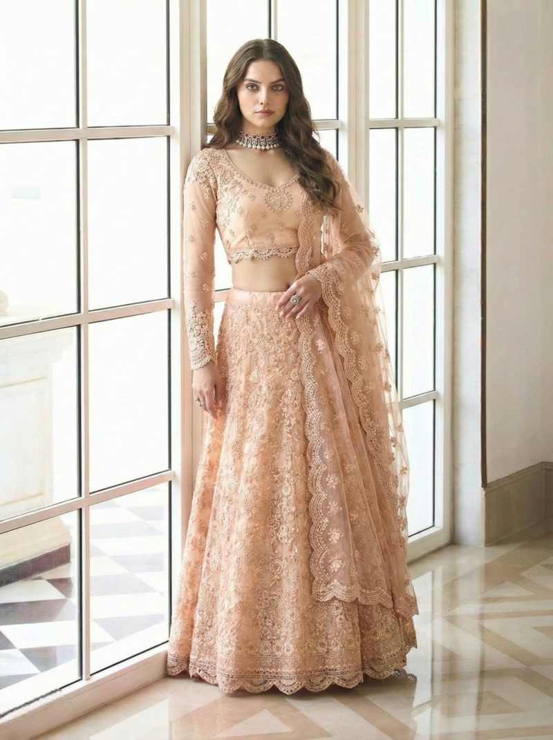 Peach Indian Wedding Collection  Designer Net Lehenga Choli with Corded Thread Work For Women's 