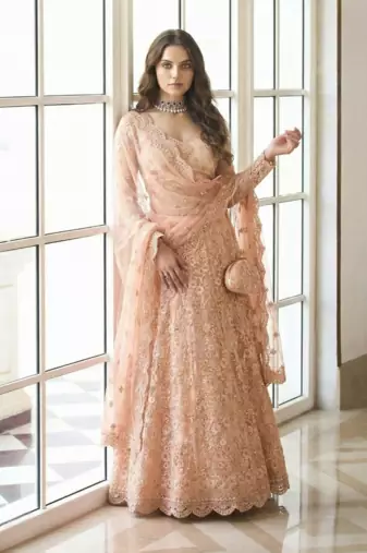 Peach Indian Wedding Collection  Designer Net Lehenga Choli with Corded Thread Work For Women's 