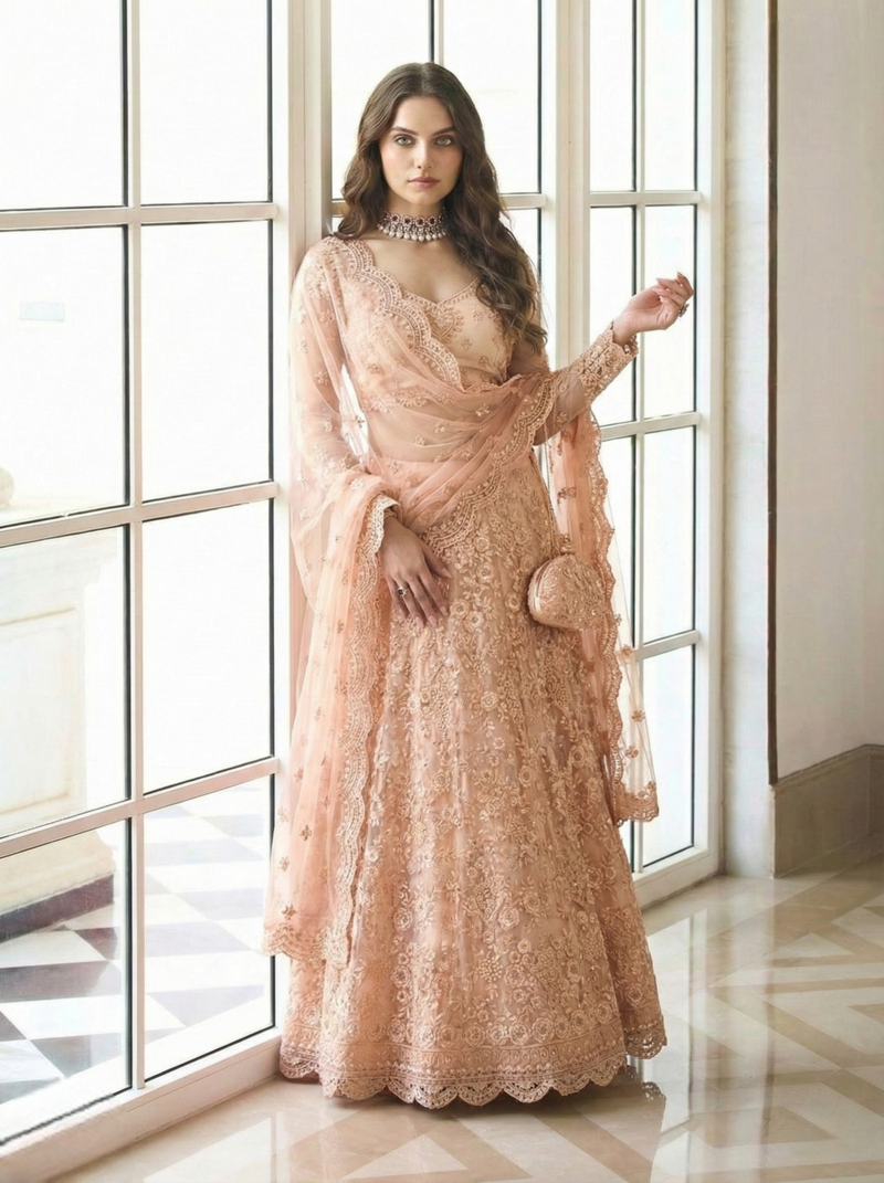 Peach Indian Wedding Collection  Designer Net Lehenga Choli with Corded Thread Work For Women's 