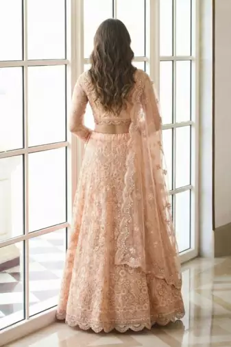 Peach Indian Wedding Collection  Designer Net Lehenga Choli with Corded Thread Work For Women's 