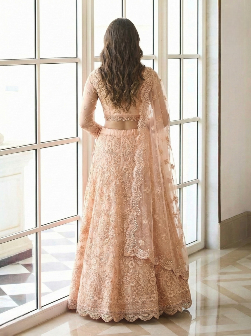 Peach Indian Wedding Collection  Designer Net Lehenga Choli with Corded Thread Work For Women's 