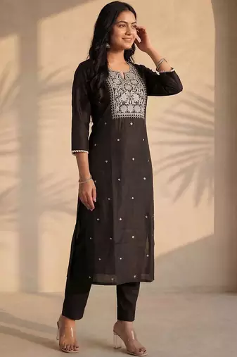 Black women ethnic motifs embroidered thread work kurta