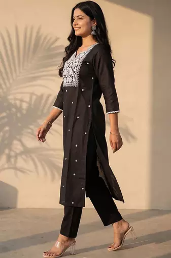 Black women ethnic motifs embroidered thread work kurta