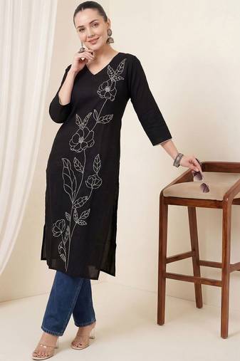 Black women floral embroidered thread work kurta