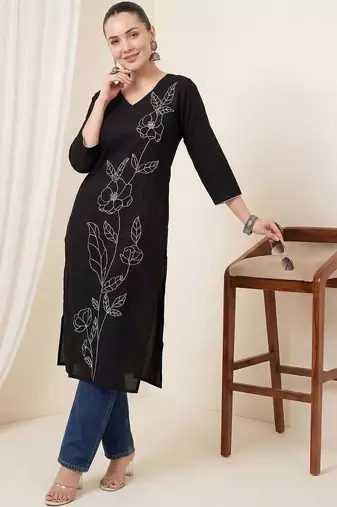 Black women floral embroidered thread work kurta