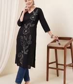 Black women floral embroidered thread work kurta