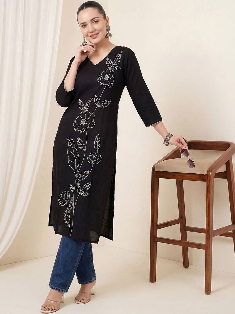 Black women floral embroidered thread work kurta