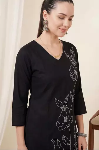 Black women floral embroidered thread work kurta