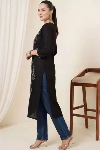 Black women floral embroidered thread work kurta