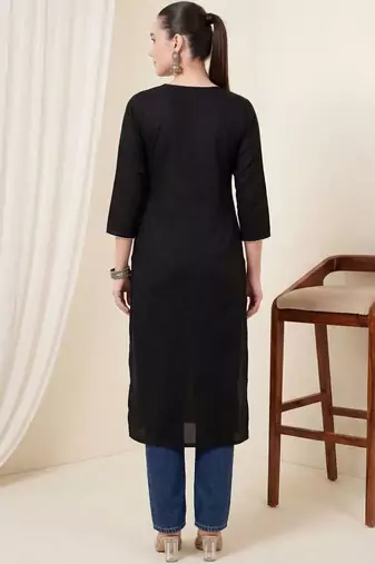 Black women floral embroidered thread work kurta