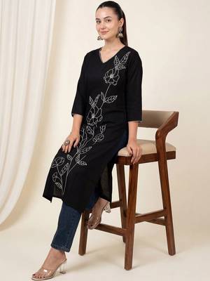 Black women floral embroidered thread work kurta 5