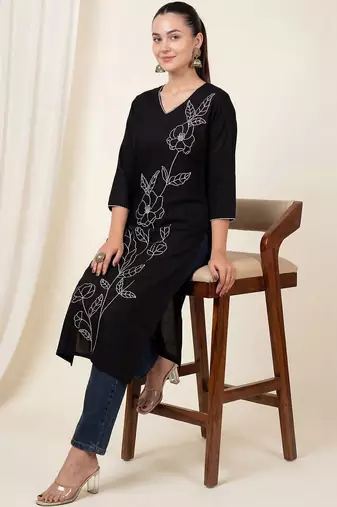 Black women floral embroidered thread work kurta