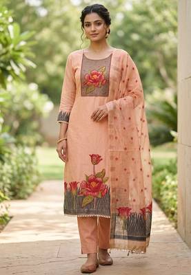 Peach color banarasi cotton fabric ethnic partywear salwar kameez 1