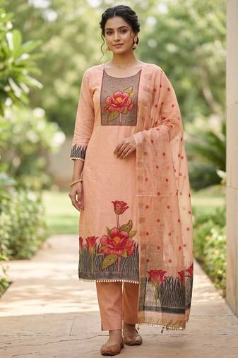 Peach color banarasi cotton fabric ethnic partywear salwar kameez