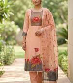 Peach color banarasi cotton fabric ethnic partywear salwar kameez