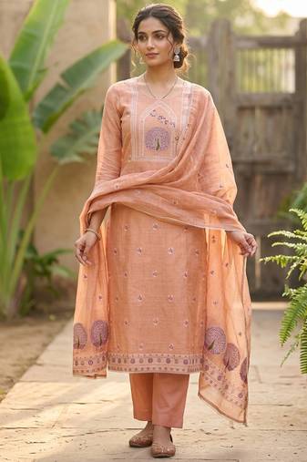Orange color banarasi cotton fabric ethnic partywear salwar kameez