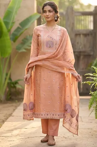 Orange color banarasi cotton fabric ethnic partywear salwar kameez